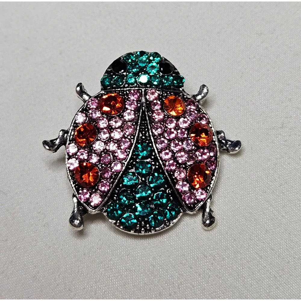 Ladybug Brooch Pin Womens OS Pink Teal Rhinestone Beetle Jewelry